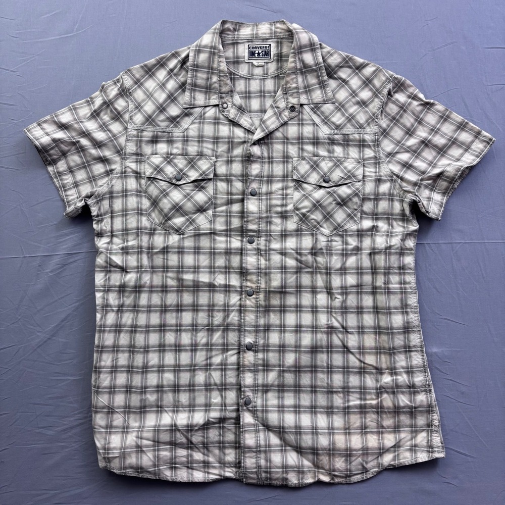 Converse One Star Mens Large Grey Plaid Short Sleeve Snap Front Western Shirt